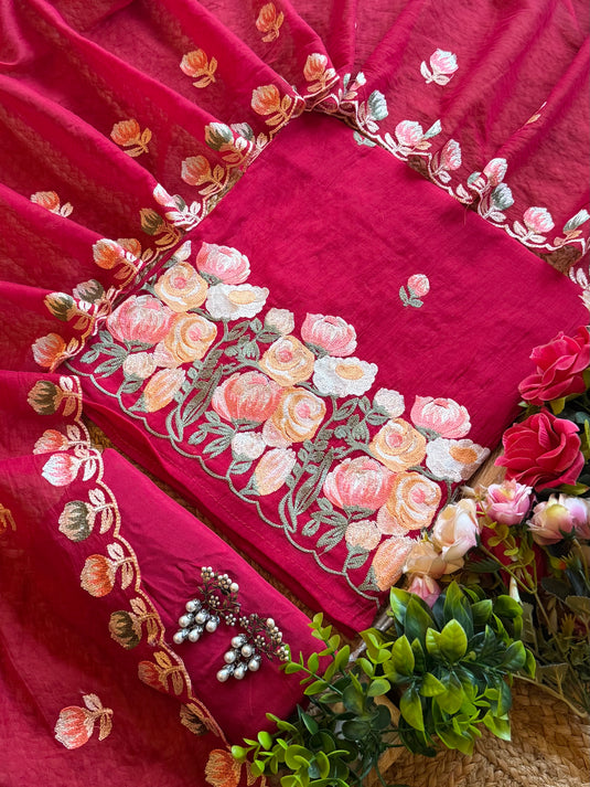 Aari work festive Mul Chanderi suit set