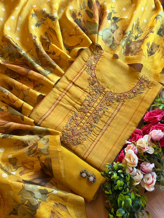 Fine Tussar silk suits with Kantha work and digital polka dots dupatta