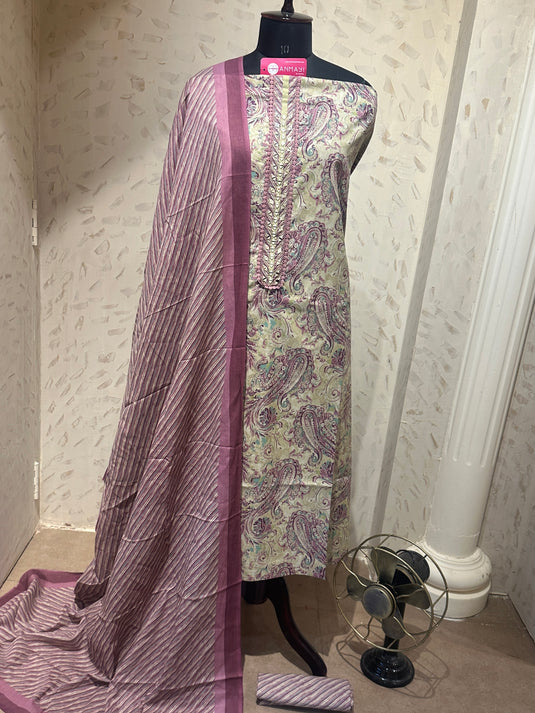 Cambric cotton ambi print suit set with cotton stripes dupatta