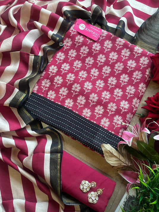 Pure Modals block print suit set with stripes dupatta and cotton bottom