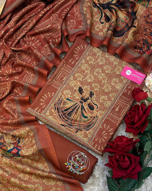 Warli art soft spun pashmina suit set