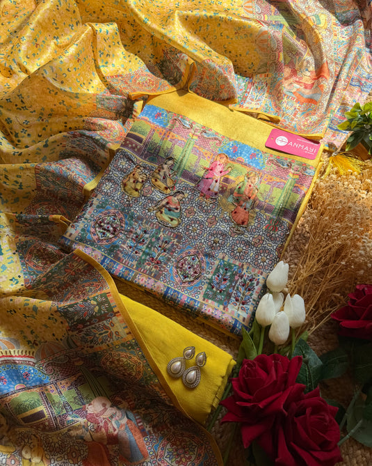 Mehfill Tussar silk suit set with highlighted embroidery