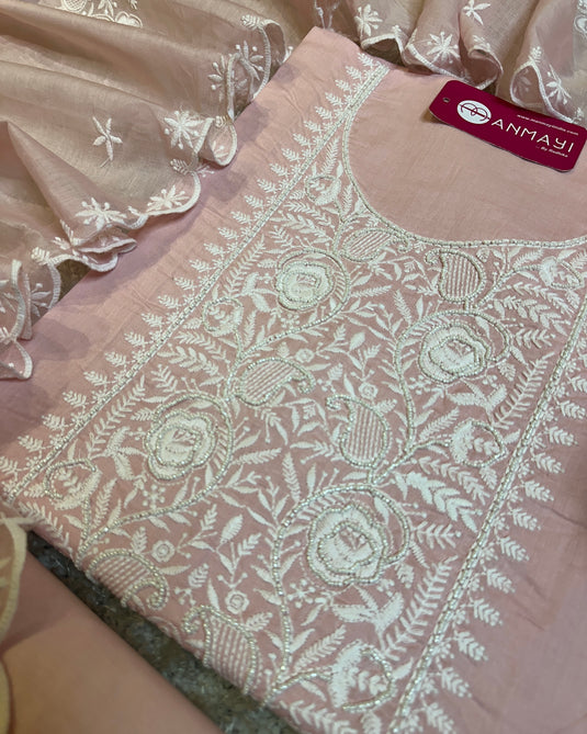 Cotton Chikankari pearl neck pastel shade suit set