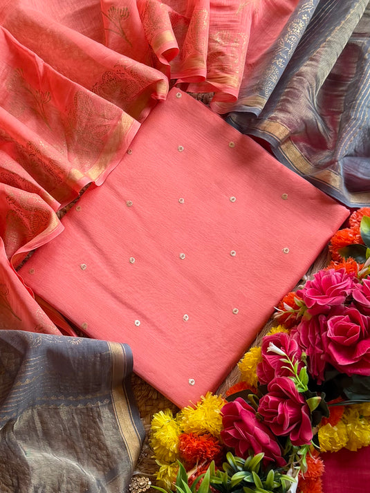 Mul Mul Chanderi zari polka pasting work with shaded gold dupatta
