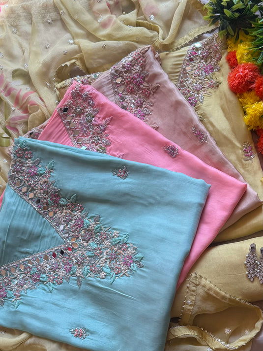 Crepe silk embroidered mirror neck suit set with chiffon Handpaint highlights dupatta