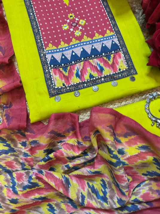 Rayon Banjara neck suit with muslin dupatta