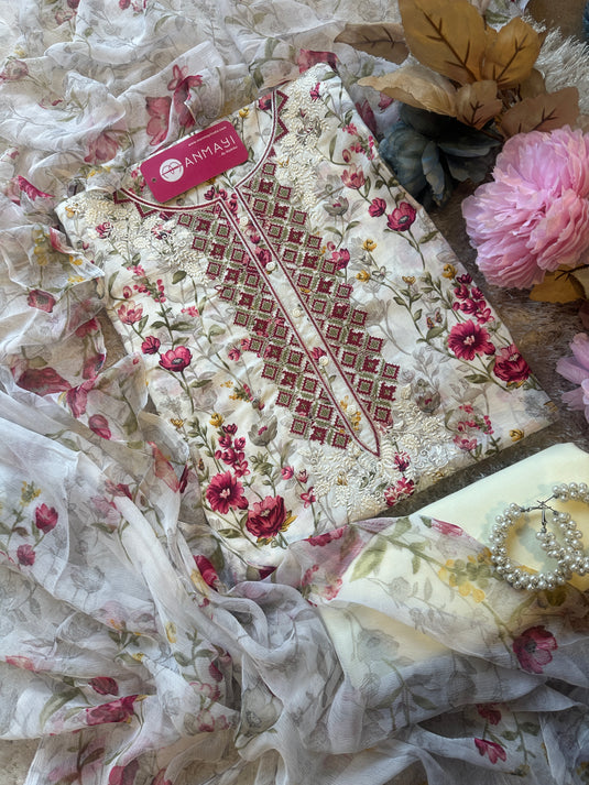 Red floral garden cambric cotton suit with chiffon printed dupatta