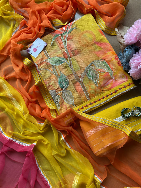 Painted gotta work cotton suit with pure chiffon tri colour dupatta