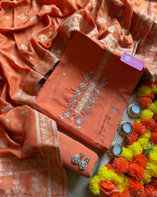 Upada silk pita work neck with Banarasi dupatta