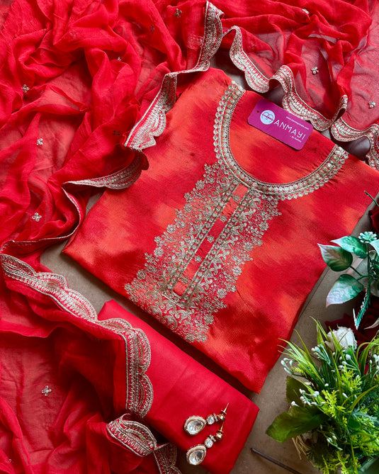 Chiffon Ikkat print festive coming suit set