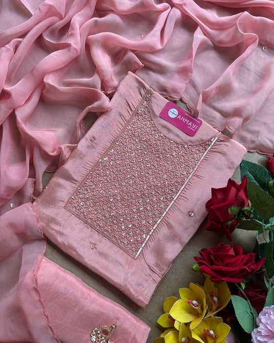 Shimmer tissue embroidered seaquins neck suit set with organza stole