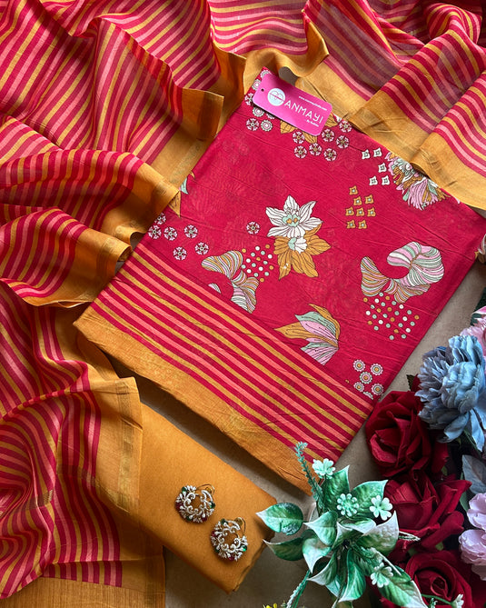 Sea flower printed pure Maheshwari suit set