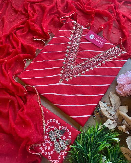 Lehria cotton v neck suit with bandhani chiffon dupatta