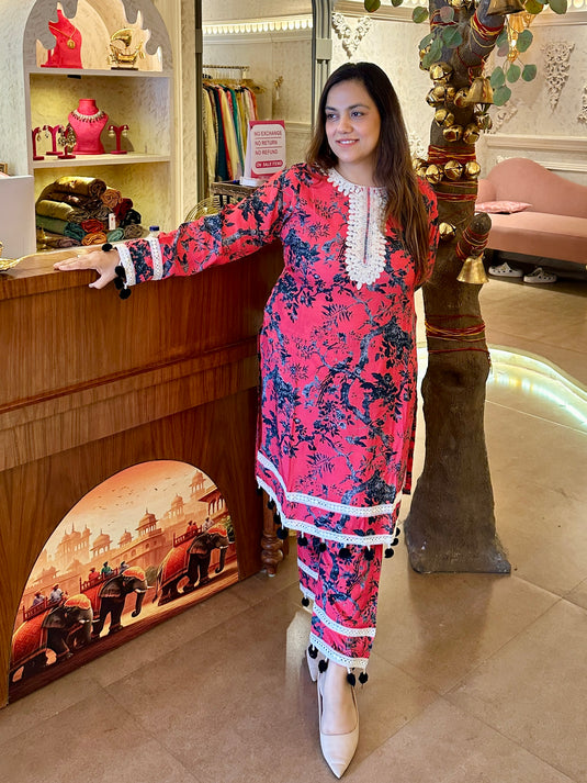 Printed muslin Dori work coord set with tassel work