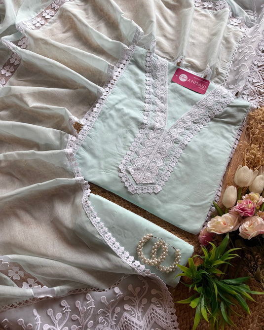 Pakistani cotton lace detail suit with organza patch