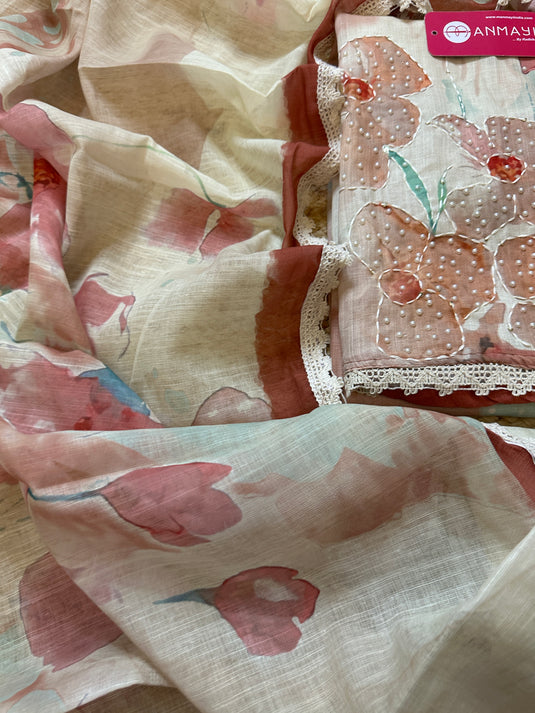 Linen cotton flow paint pearl work suit set