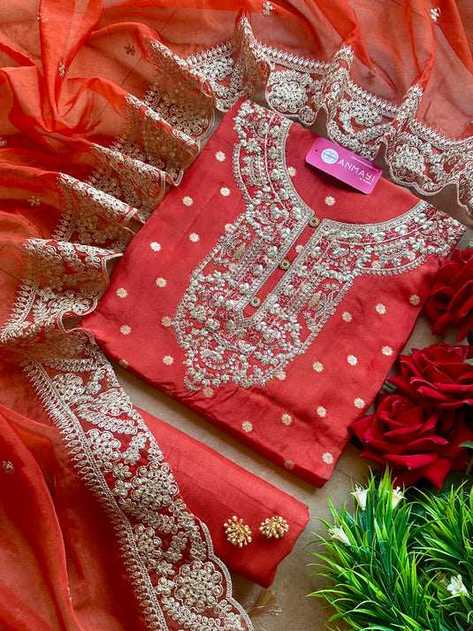 Banarasi organza gold thread work suit set with embroidered stole