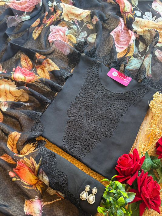 Organza Pakistani suit set with cutwork neck and digital dupatta