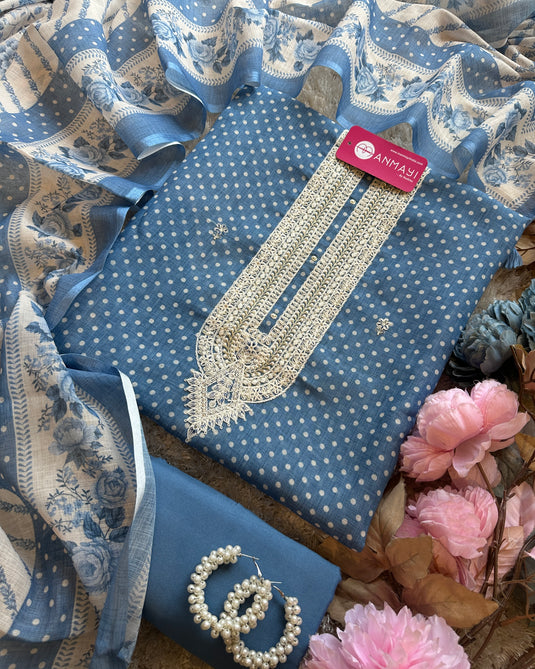 Polka dots printed linen suits with digital dupatta