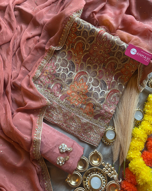 Assorted Chinnon suit set with hand work highlights