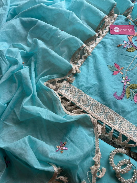 Wool mirror work Mul Chanderi sets with tassel dupatta