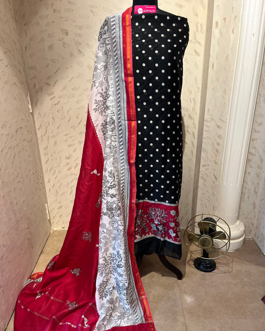 Pure Maheshwari red black combination suit set
