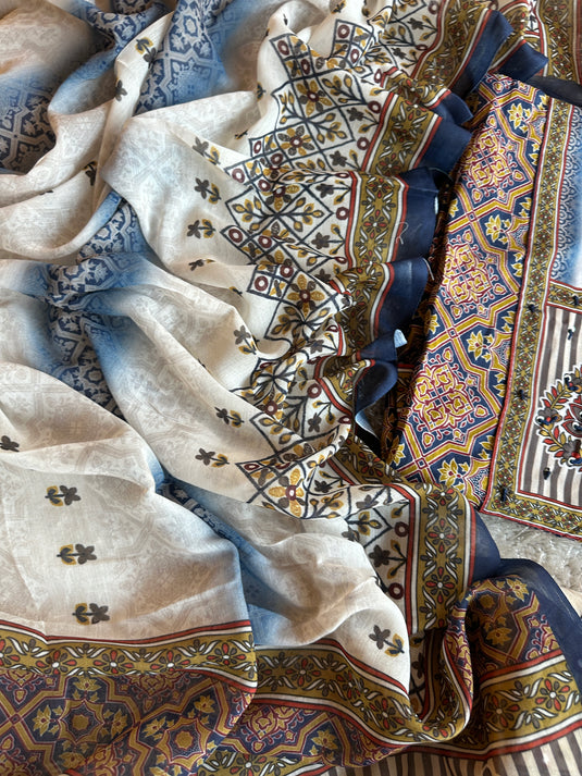 Arabic print cambric cotton suit set with embroidered bottom