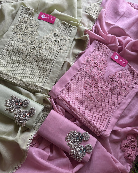 Pakistani cotton linen crochet work suit sets