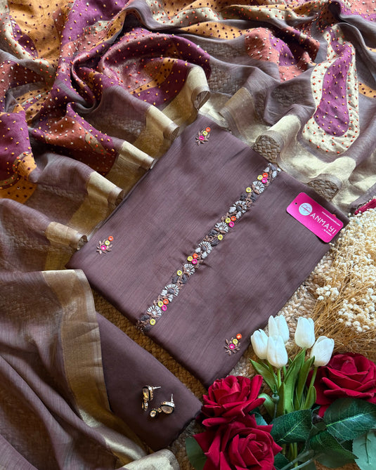 Jamdani Maheshwari mirror work suit set with knot work dupatta