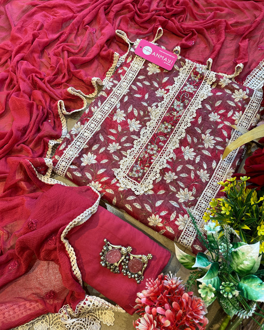 Floral crochet pakistani jaam cotton suit set