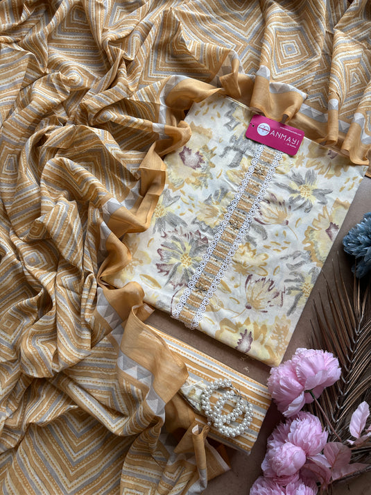 Printed lemon Mul cotton suit with Mul dupatta