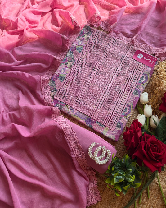 Crochet neck printed cotton suit with neck highlight