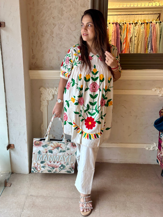 Phulkari work cream cotton coord set