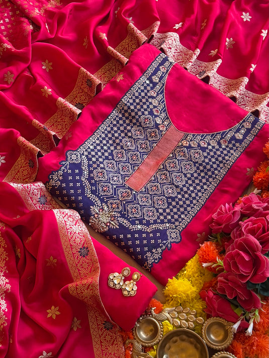 Fusion brocade silk patch on pure Gajji silk suit