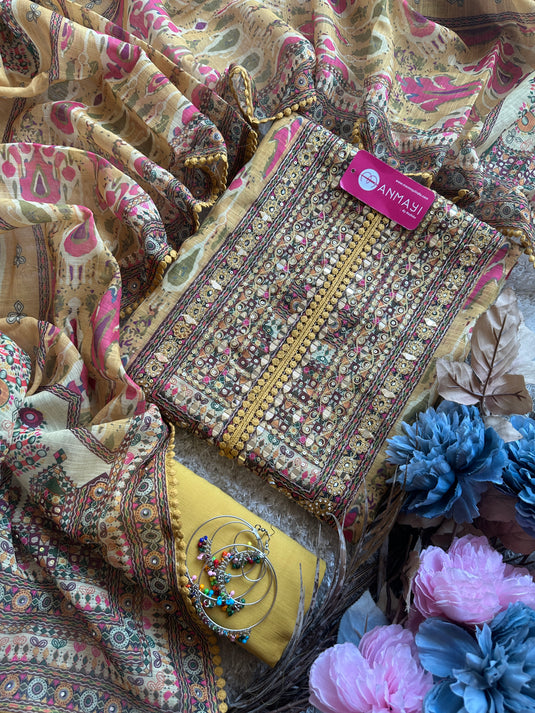 Printed linen Chanderi suits with highlighted thread and mirror details