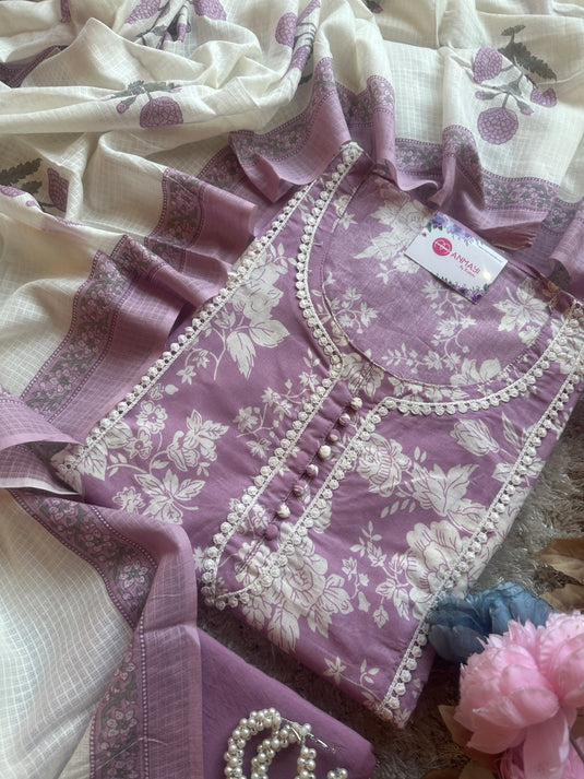 Pure cotton floral lace work suit with soft kota doria dupatta