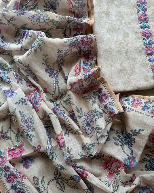 Linen suit set with printed Kantha embroidered dupatta