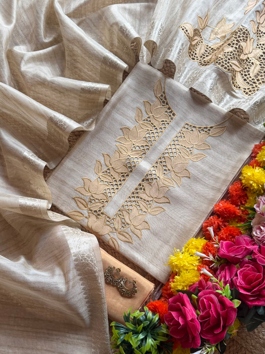 Shimmer linen cutwork beige suit set