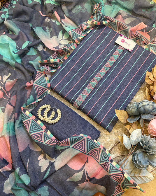 Soft denim cotton vertical line suit set with Mul cotton floral dupatta