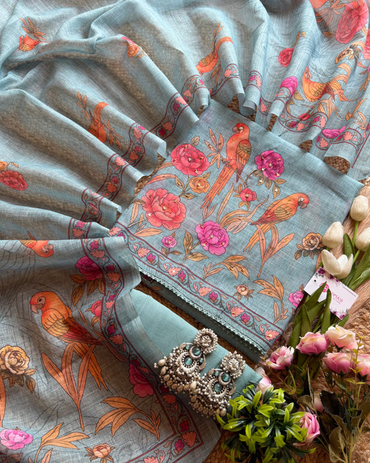 Linen digital parrot garden suit set
