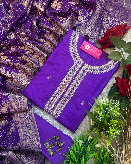 Raw silk achkan neck suit with bandhani Banarasi dupatta