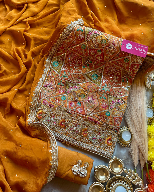 Assorted Chinnon suit set with hand work highlights