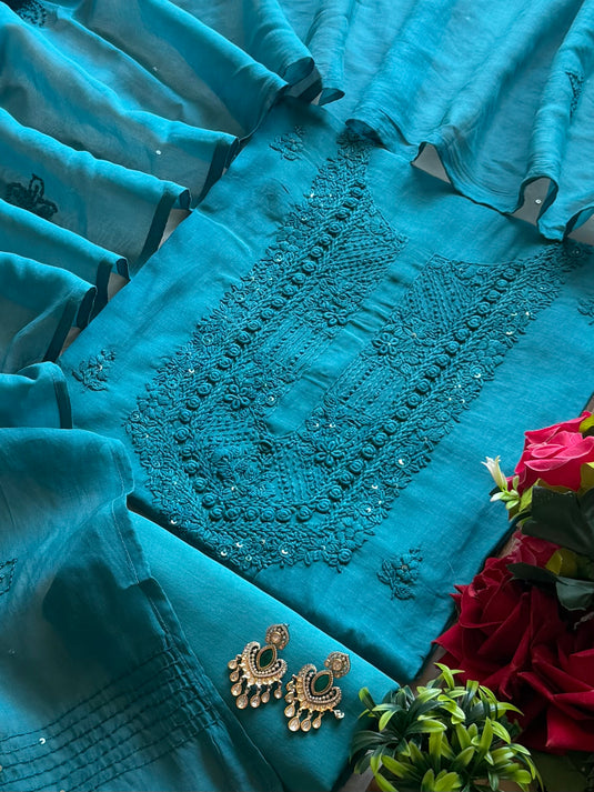 Monochrome French knot work pure mul chanderi suit set