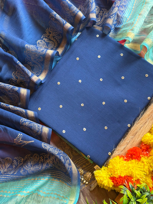 Mul Mul Chanderi zari polka pasting work with shaded gold dupatta