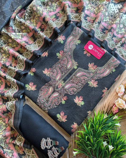 Aari work leafy print spun shawl suit set