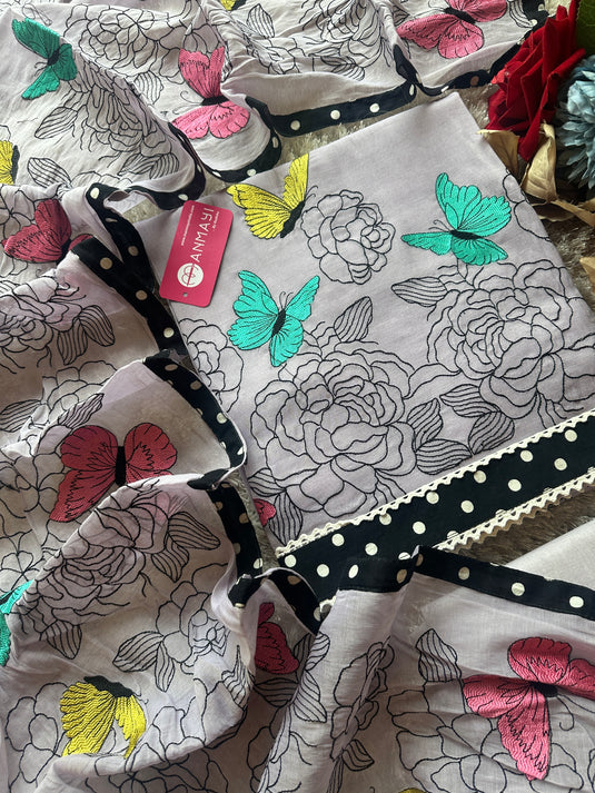Mul cotton butterfly embroidered suit set