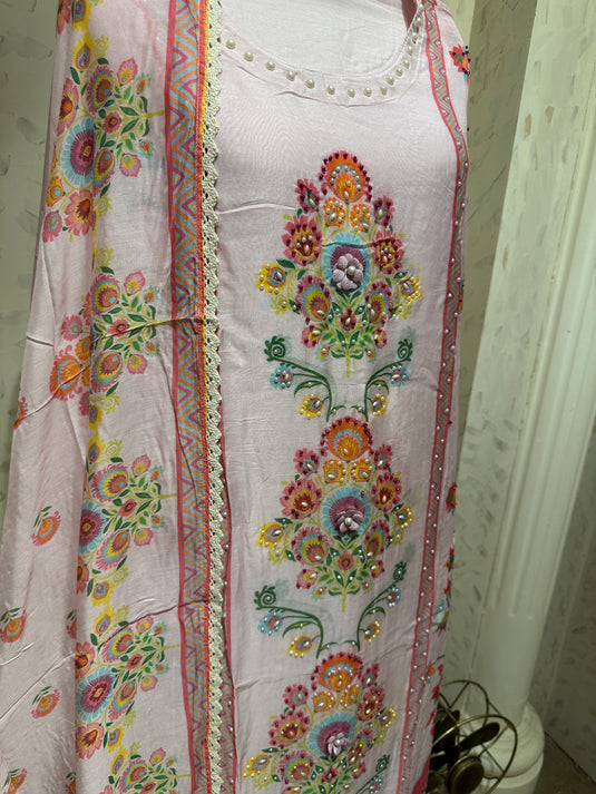 Persian print muslin baby pink semi stitched suit set