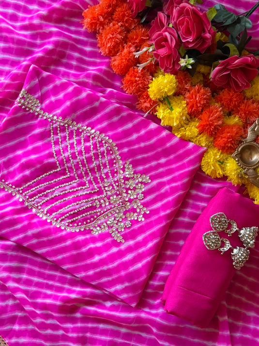 Neon lehria pearl neck semi Georgette suit set