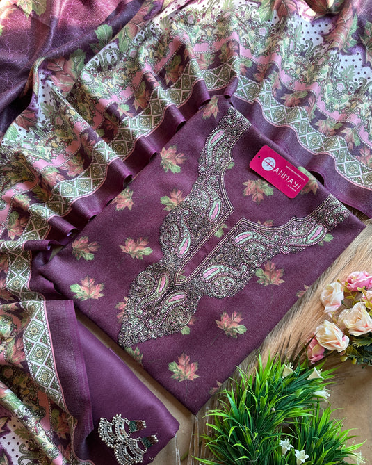 Aari work leafy print spun shawl suit set