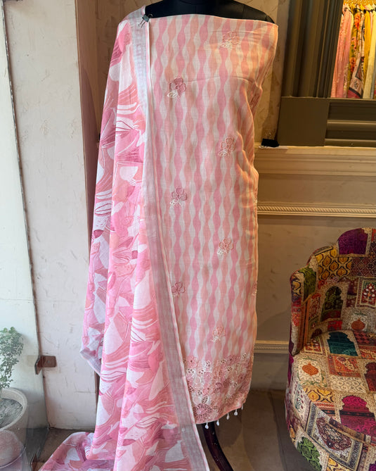 Stripes daaman cutwork linen suit with shantoon bottom